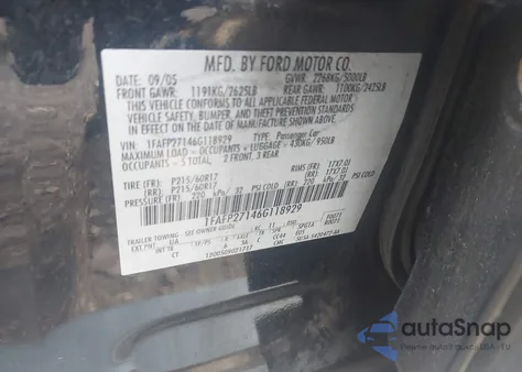 2006 Ford Five Hundred Sel из США, поврежденный, VIN 1FAFP27146G118929